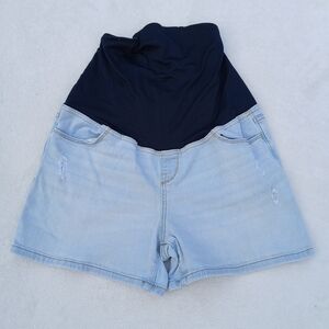 Isabel Maternity Shorts Size 6 Over-Belly Distressed Denim Mini Light Blue Wash